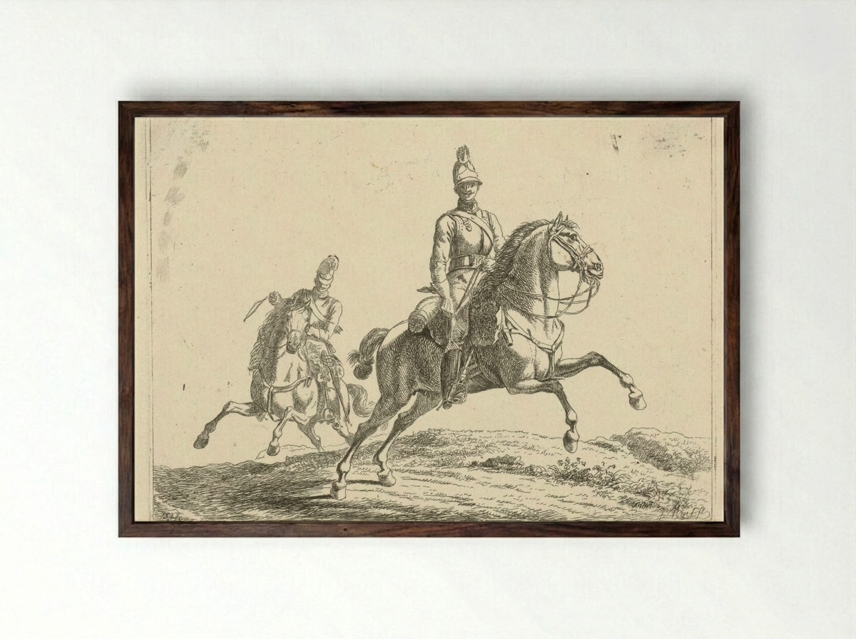 Untitled (Two Soldiers on Horseback, Etching) - Fine Art Print - Framed Print Dark Wood