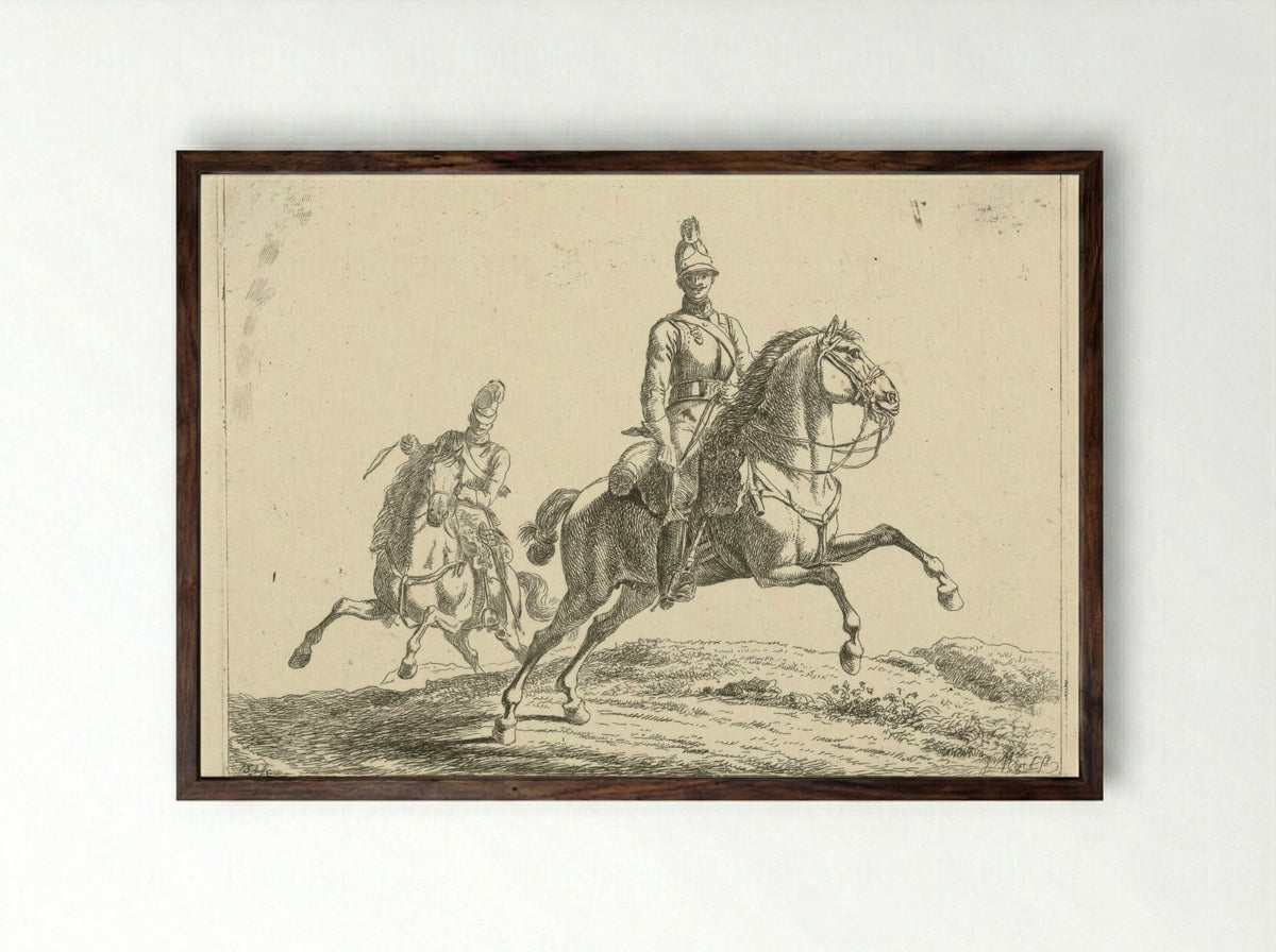 Untitled (Two Soldiers on Horseback, Etching) - Fine Art Print - Framed Print Dark Wood