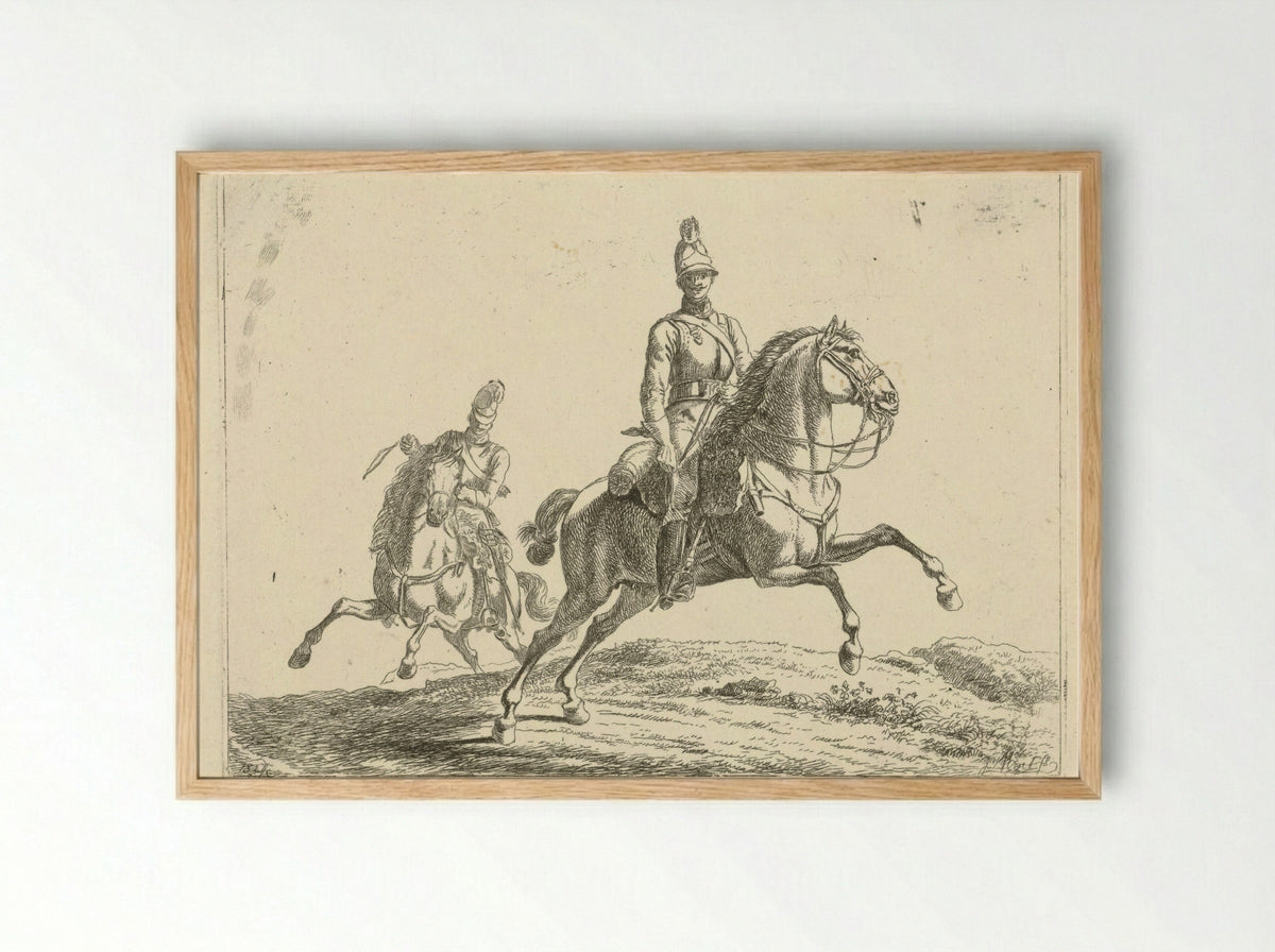Untitled (Two Soldiers on Horseback, Etching) - Fine Art Print - Framed Print Wood