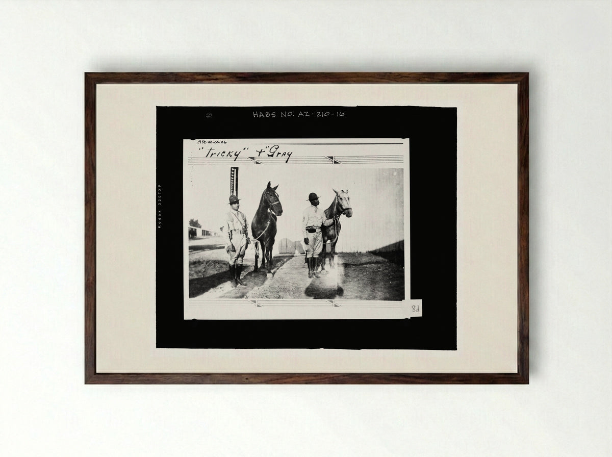 Untitled (Two Soldiers with Horses, Photographic Archive) - Fine Art Print - Framed Print Dark Wood