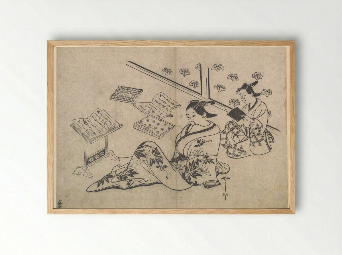 Untitled (Two Women Reading) - Hishikawa Morofusa - Framed Print Wood