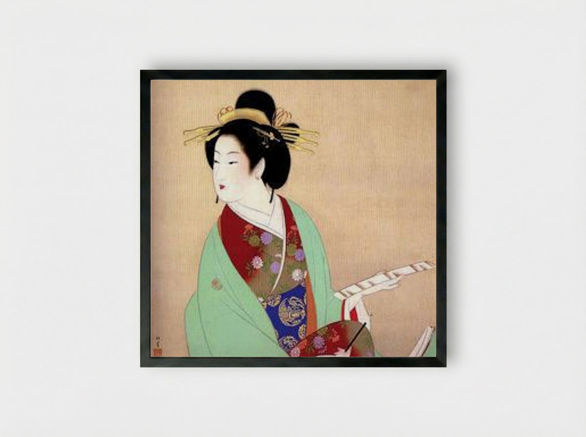 Untitled (Woman with Fan, Painting on Silk) - Uemura Shoen - Framed Print Black
