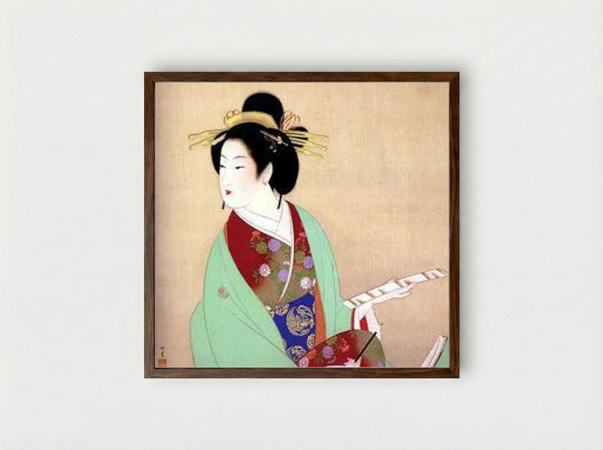 Untitled (Woman with Fan, Painting on Silk) - Uemura Shoen - Framed Print Dark Wood