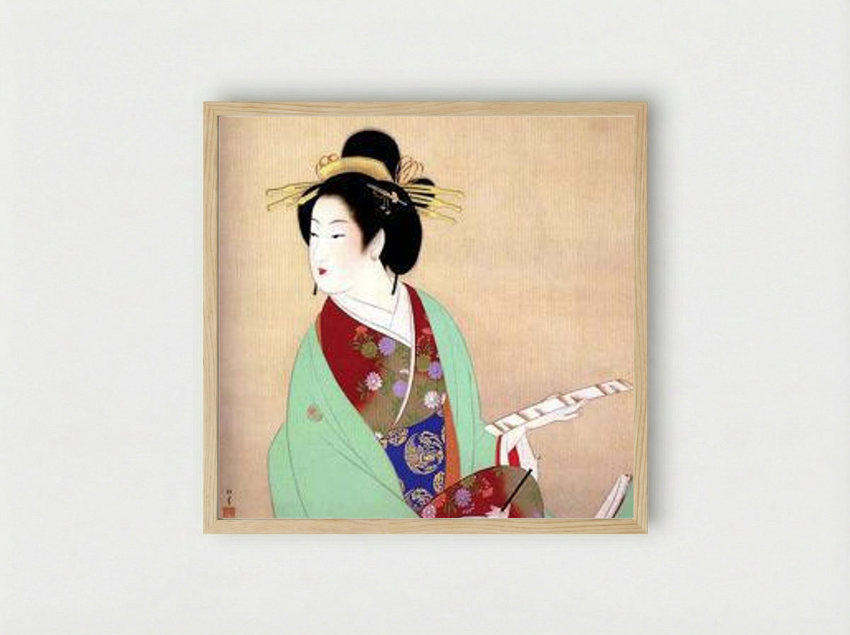 Untitled (Woman with Fan, Painting on Silk) - Uemura Shoen - Framed Print Wood