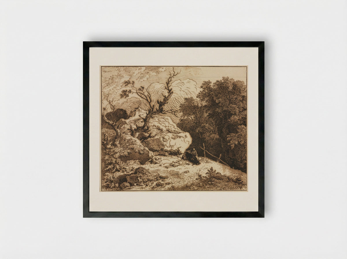 Untitled (Wooded Scene with Seated Figure) - Ferdinand Kobell - Framed Print Black