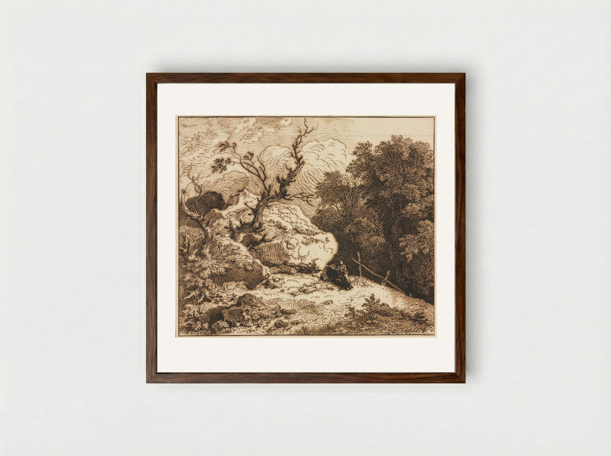 Untitled (Wooded Scene with Seated Figure) - Ferdinand Kobell - Framed Print Dark Wood