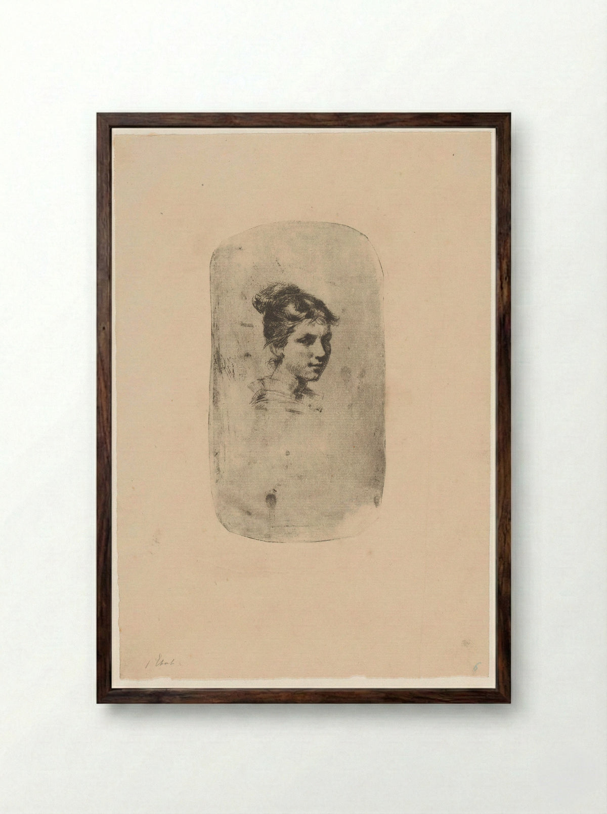 Untitled (Young Woman, Etching) - Adrien De Witte - Framed Print Dark Wood
