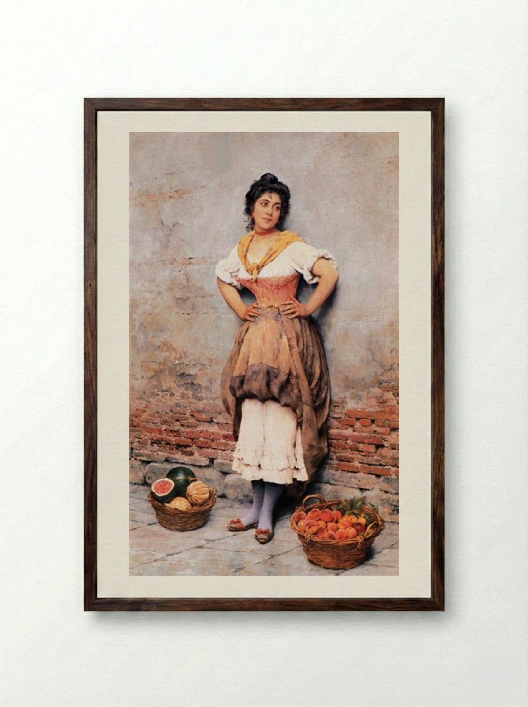 Untitled (Young Woman with Fruit Baskets) - Eugene de Blaas - Framed Print Dark Wood