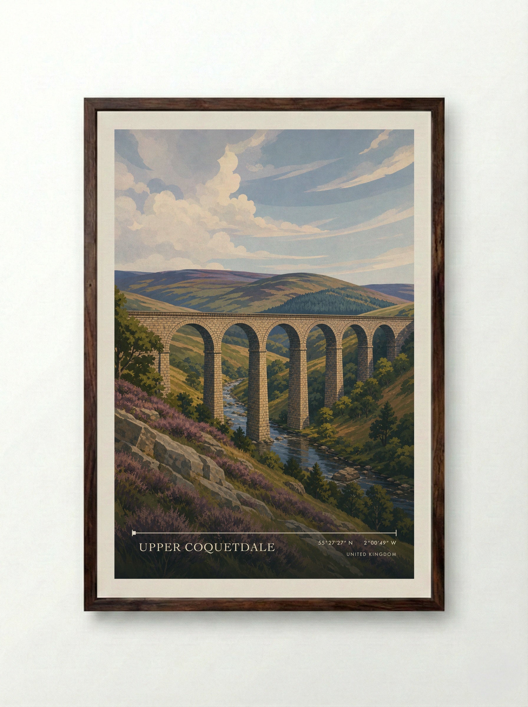 Upper Coquetdale United Kingdom Travel Poster - Framed Print Dark Wood