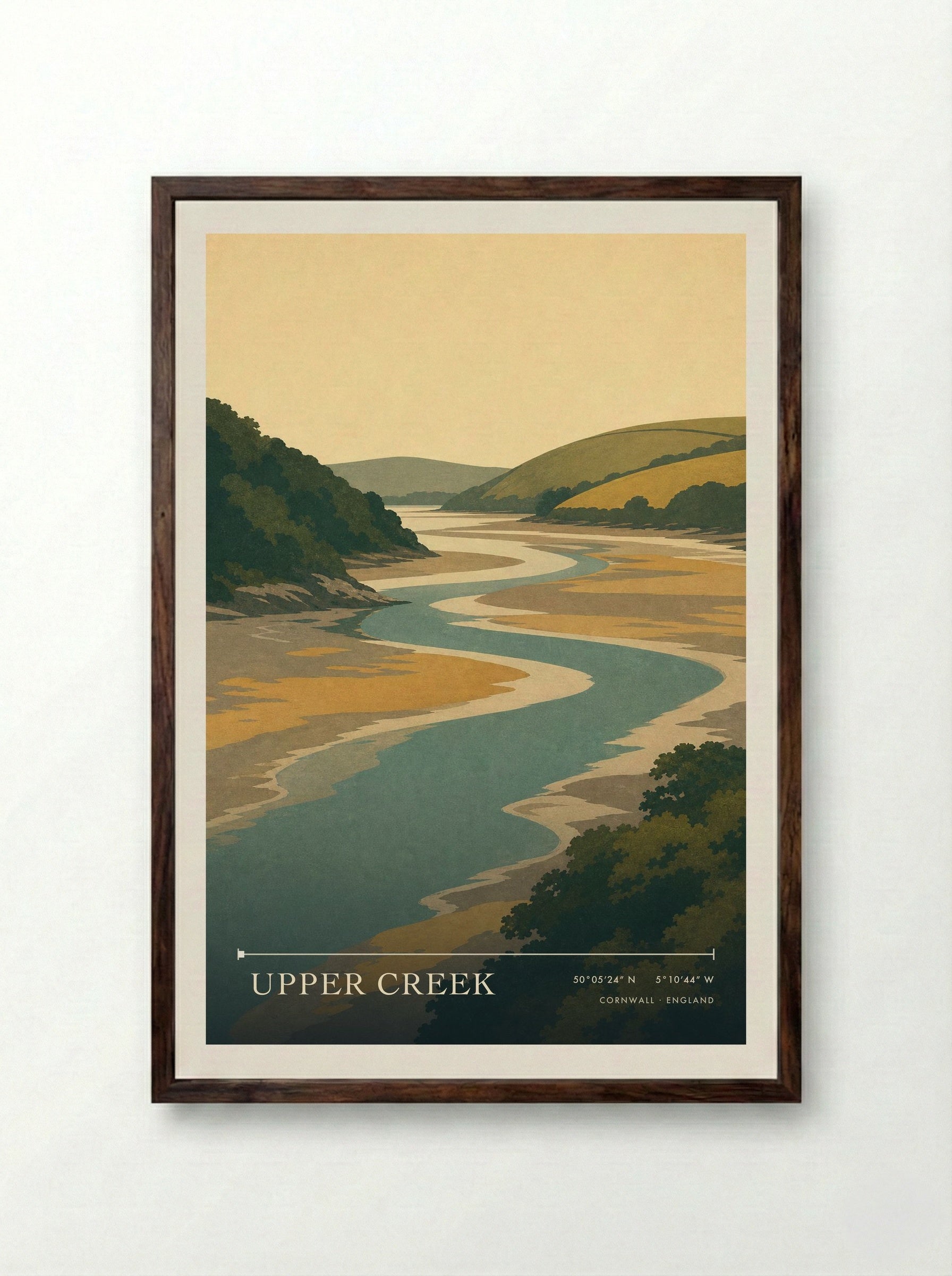 Upper Creek Cornwall England Travel Poster - Framed Print Dark Wood