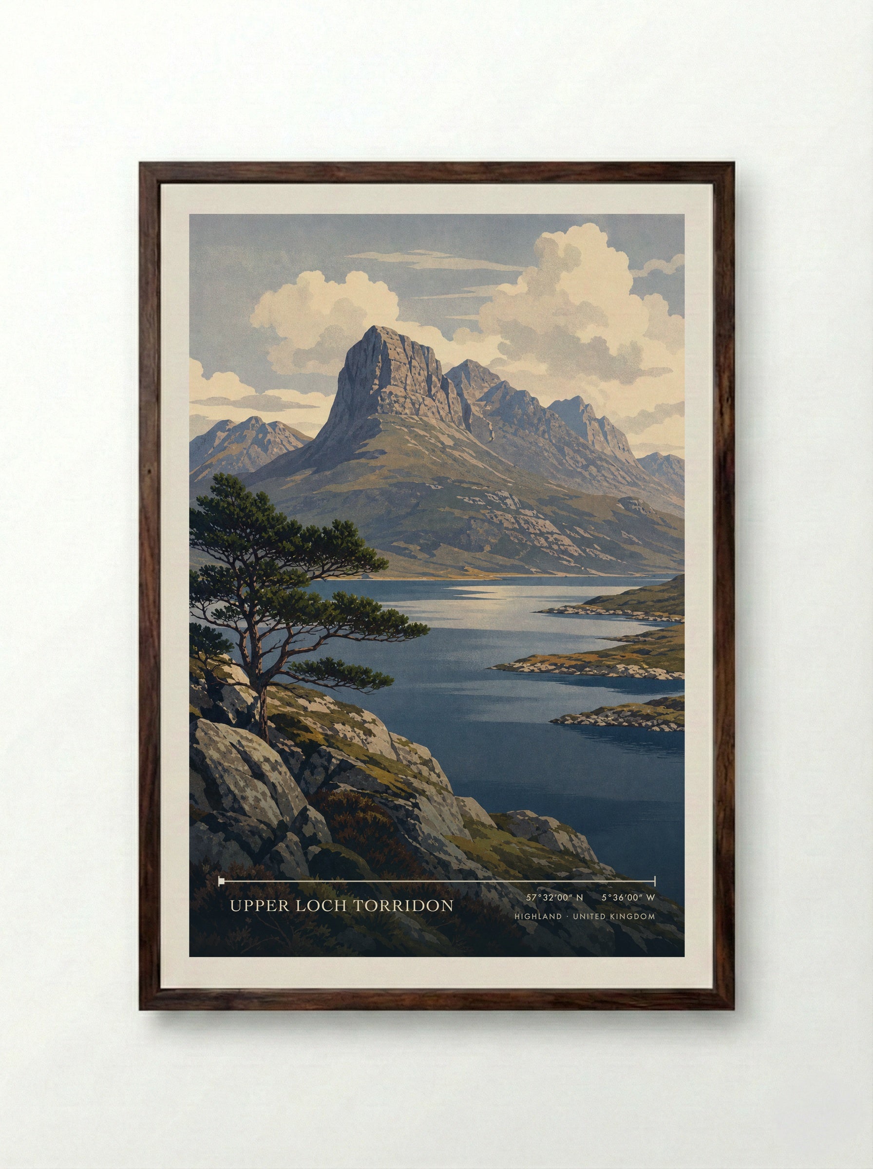 Upper Loch Torridon Highland United Kingdom Travel Poster - Framed Print Dark Wood