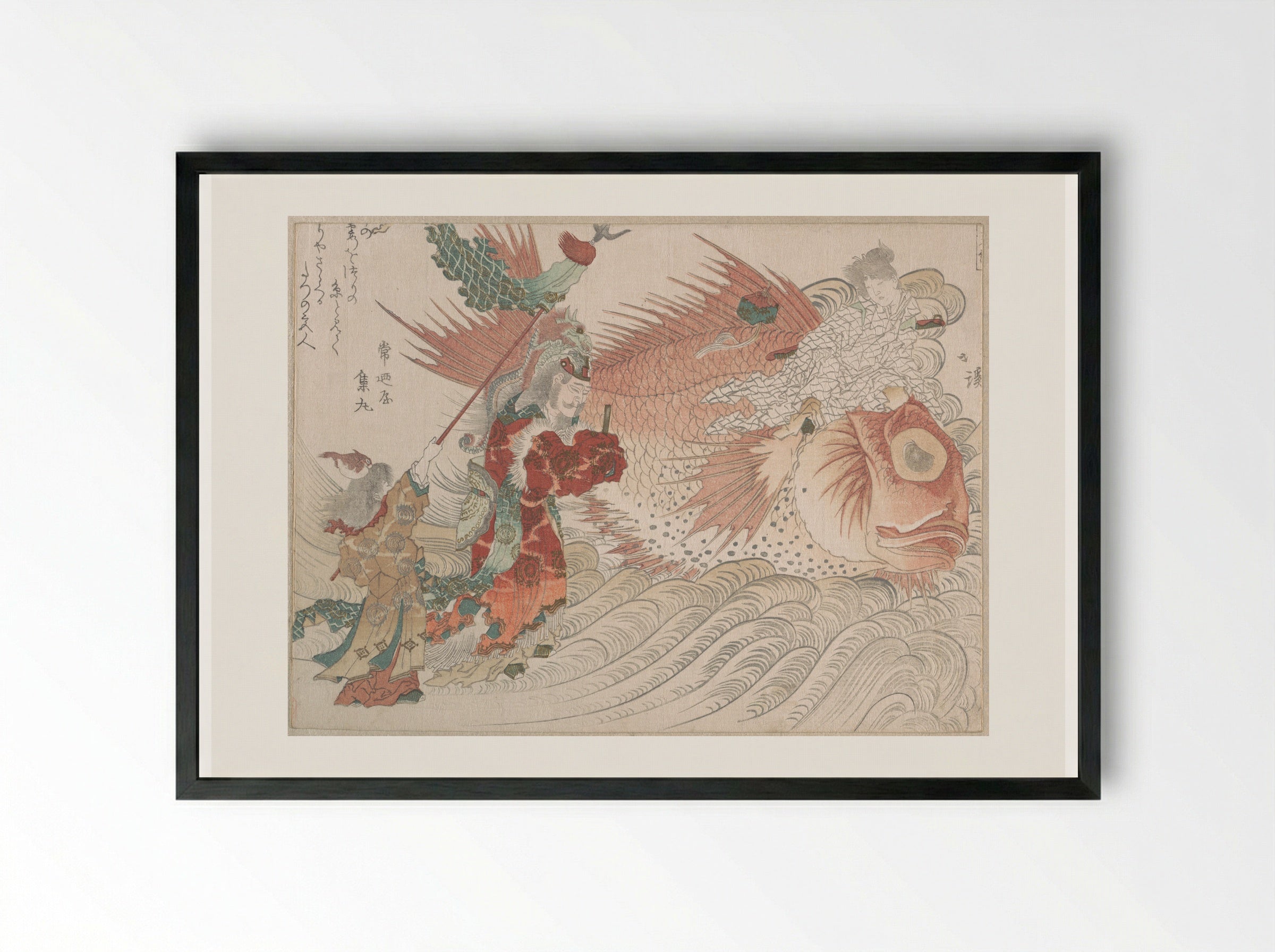 Urashima Taro Going Home on the Back of a Tai Fish, the King of the Sea Seeing Him Off - Totoya Hokkei - Framed Print Black