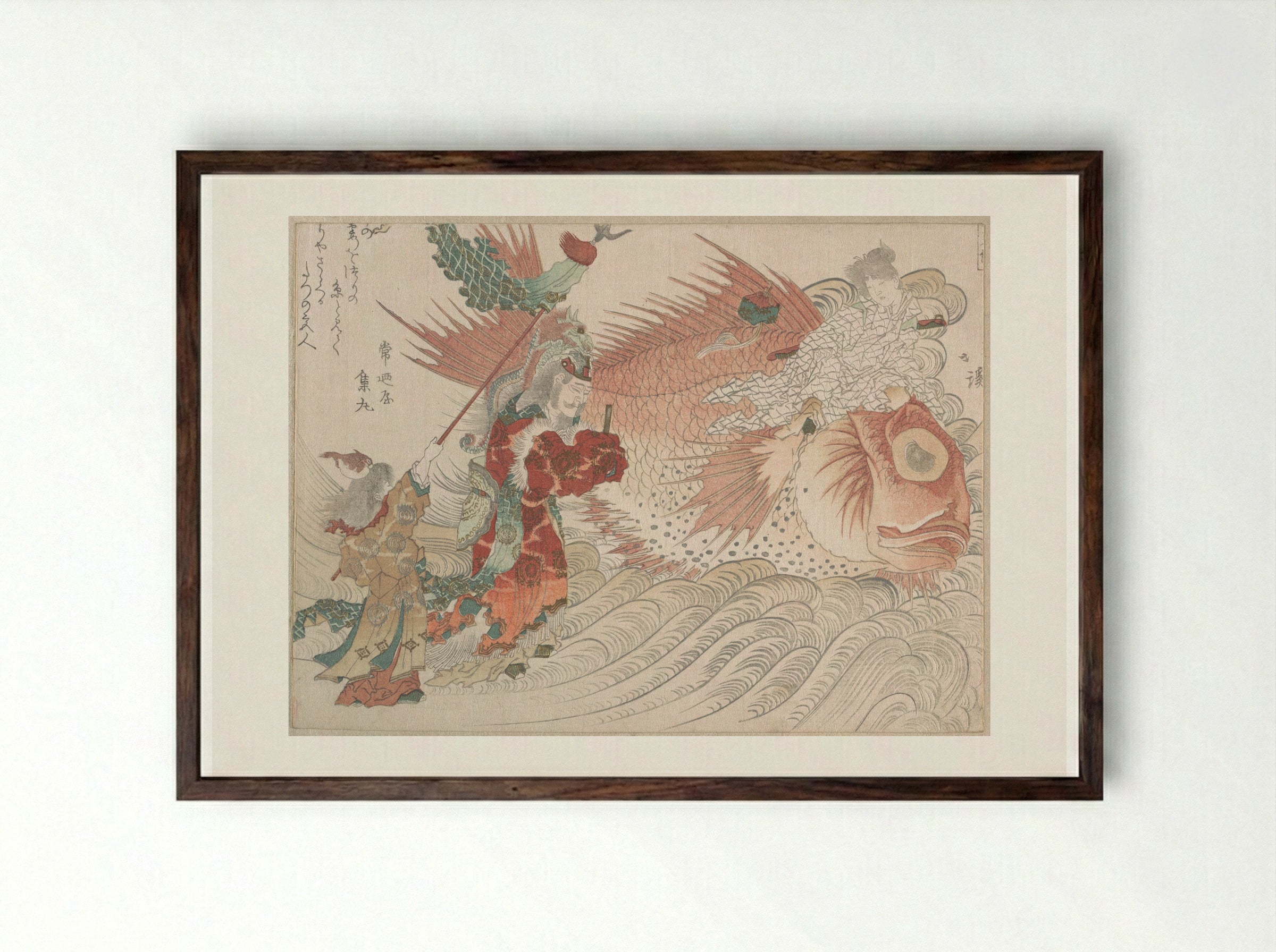 Urashima Taro Going Home on the Back of a Tai Fish, the King of the Sea Seeing Him Off - Totoya Hokkei - Framed Print Dark Wood