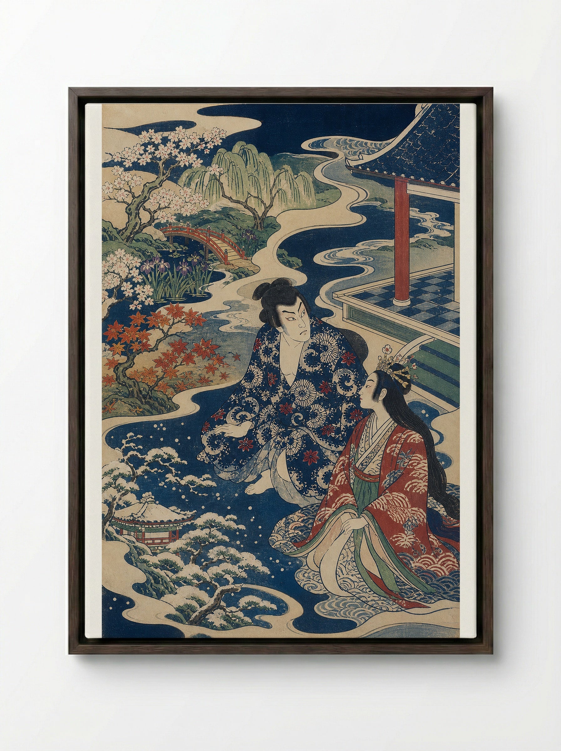 Urashima Taro and the Changing Seasons - Framed Canvas Dark Wood