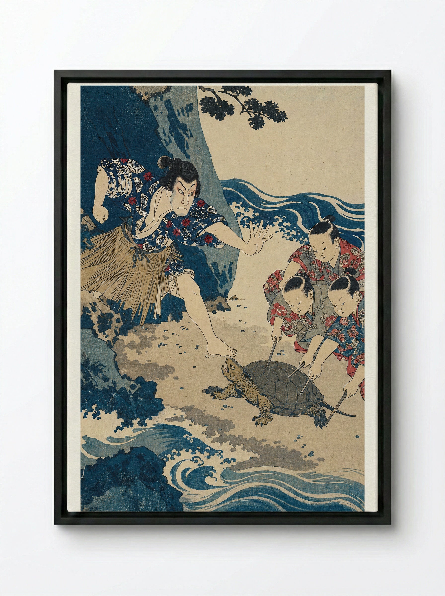 Urashima Taro and the Rescued Turtle - Framed Canvas Black
