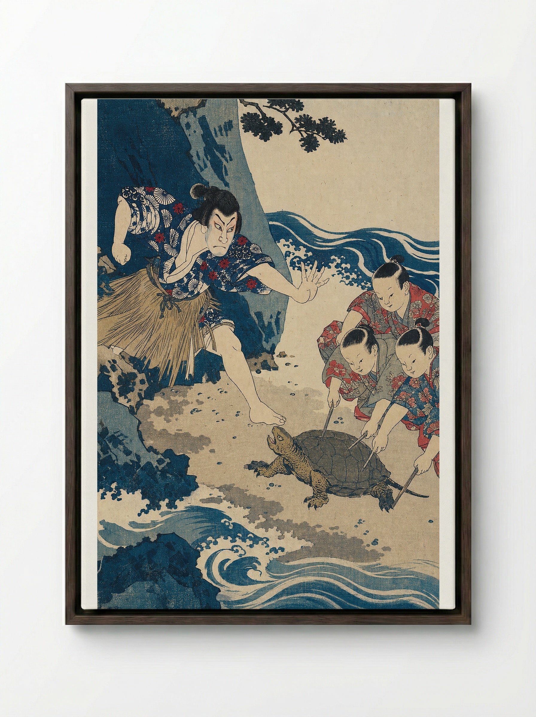 Urashima Taro and the Rescued Turtle - Framed Canvas Dark Wood
