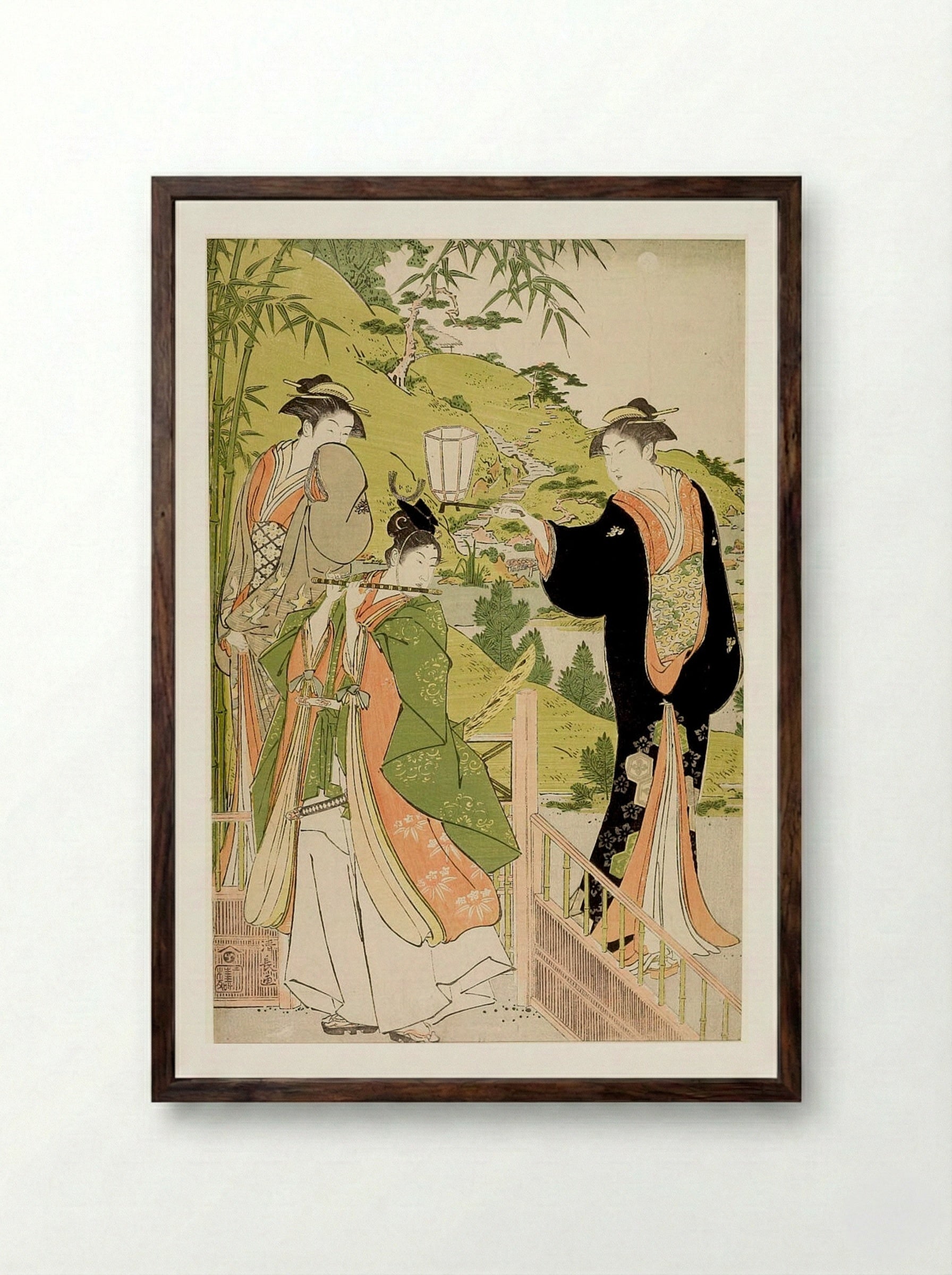 Ushiwakamaru Visiting Minazuruhime - Torii Kiyonaga - Framed Print Dark Wood