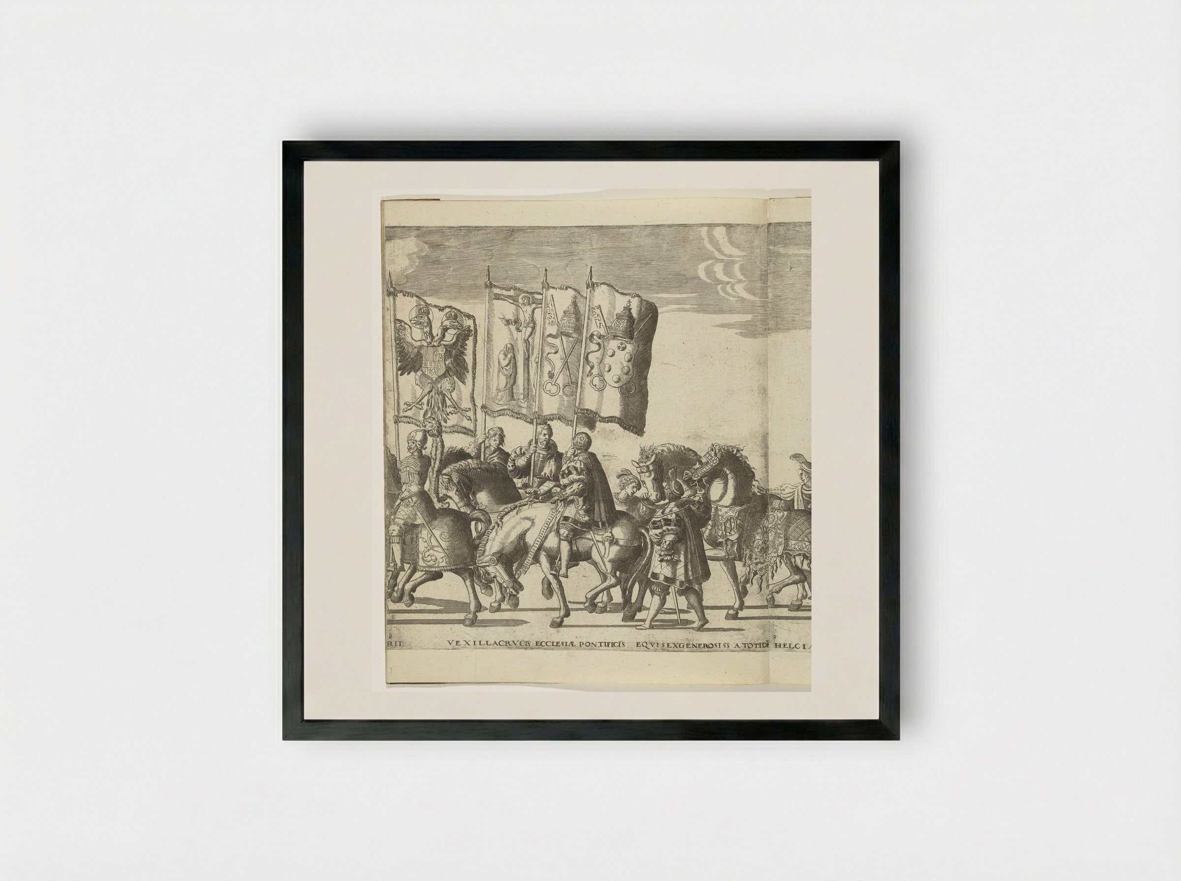 Vaandeldragers met wapens van Habsburg en de paus van Rome, plaat 8 - Nicolaas Hogenberg - Framed Print Black