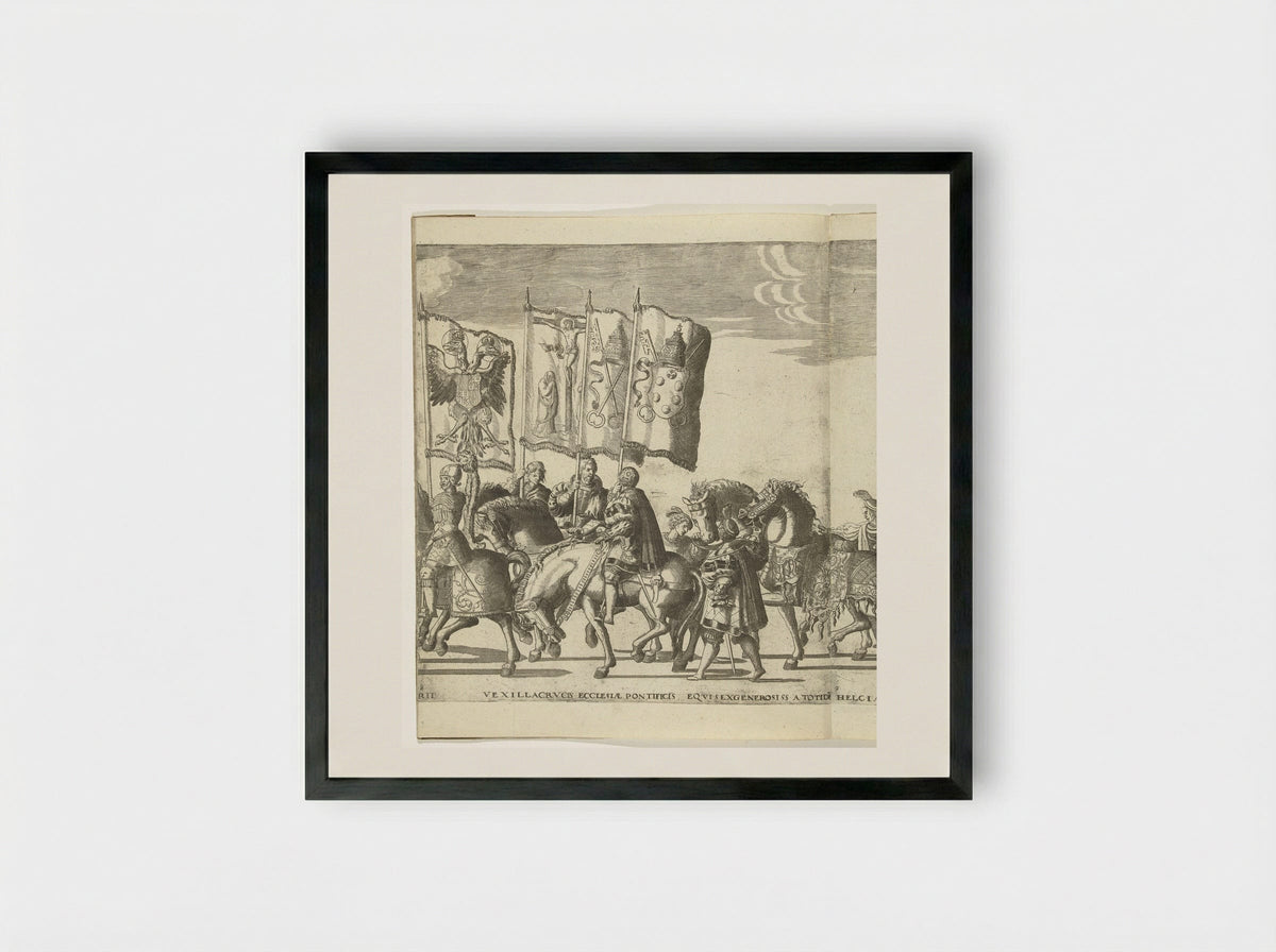 Vaandeldragers met wapens van Habsburg en de paus van Rome, plaat 8 - Nicolaas Hogenberg - Framed Print Black