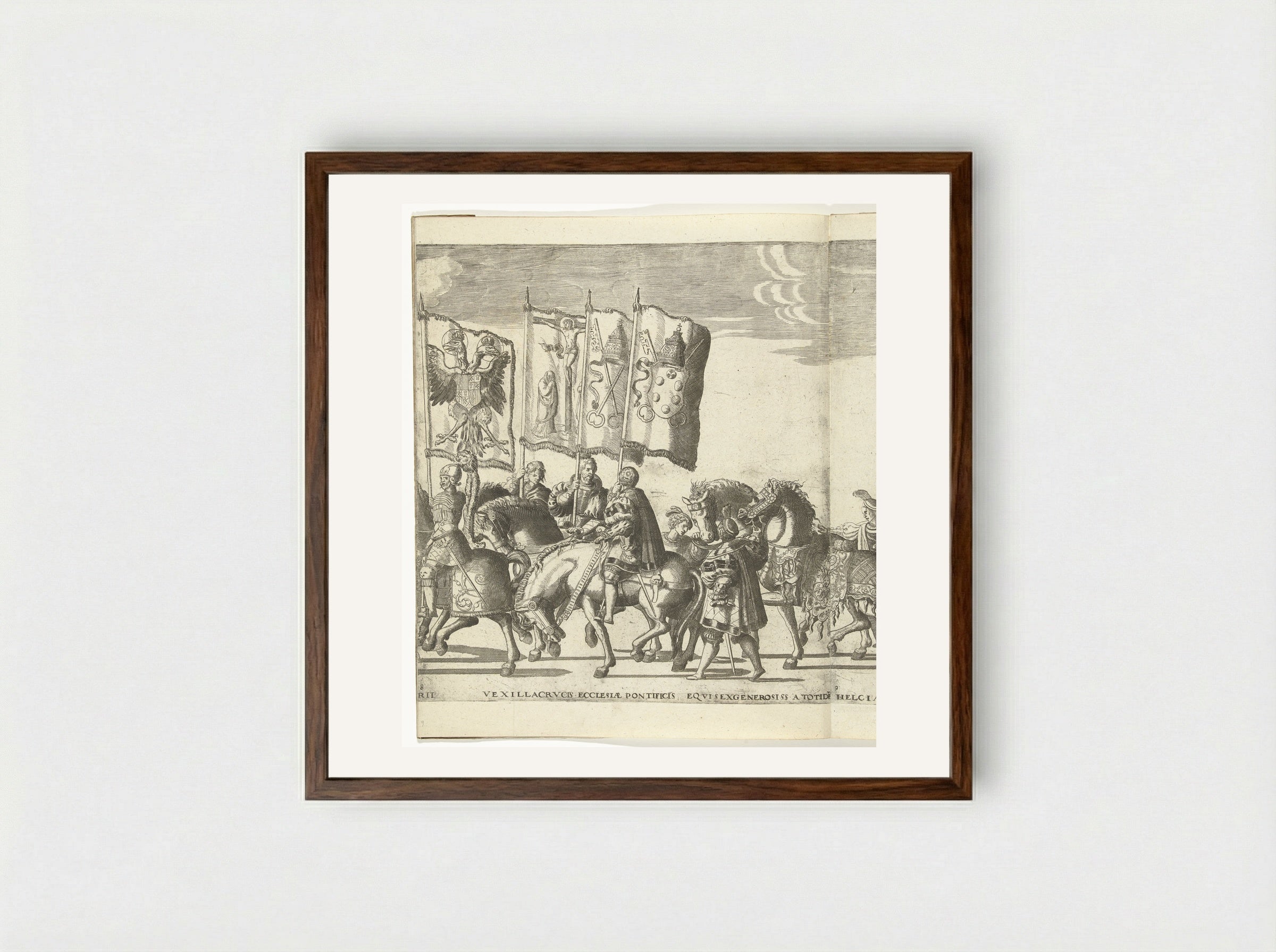 Vaandeldragers met wapens van Habsburg en de paus van Rome, plaat 8 - Nicolaas Hogenberg - Framed Print Dark Wood
