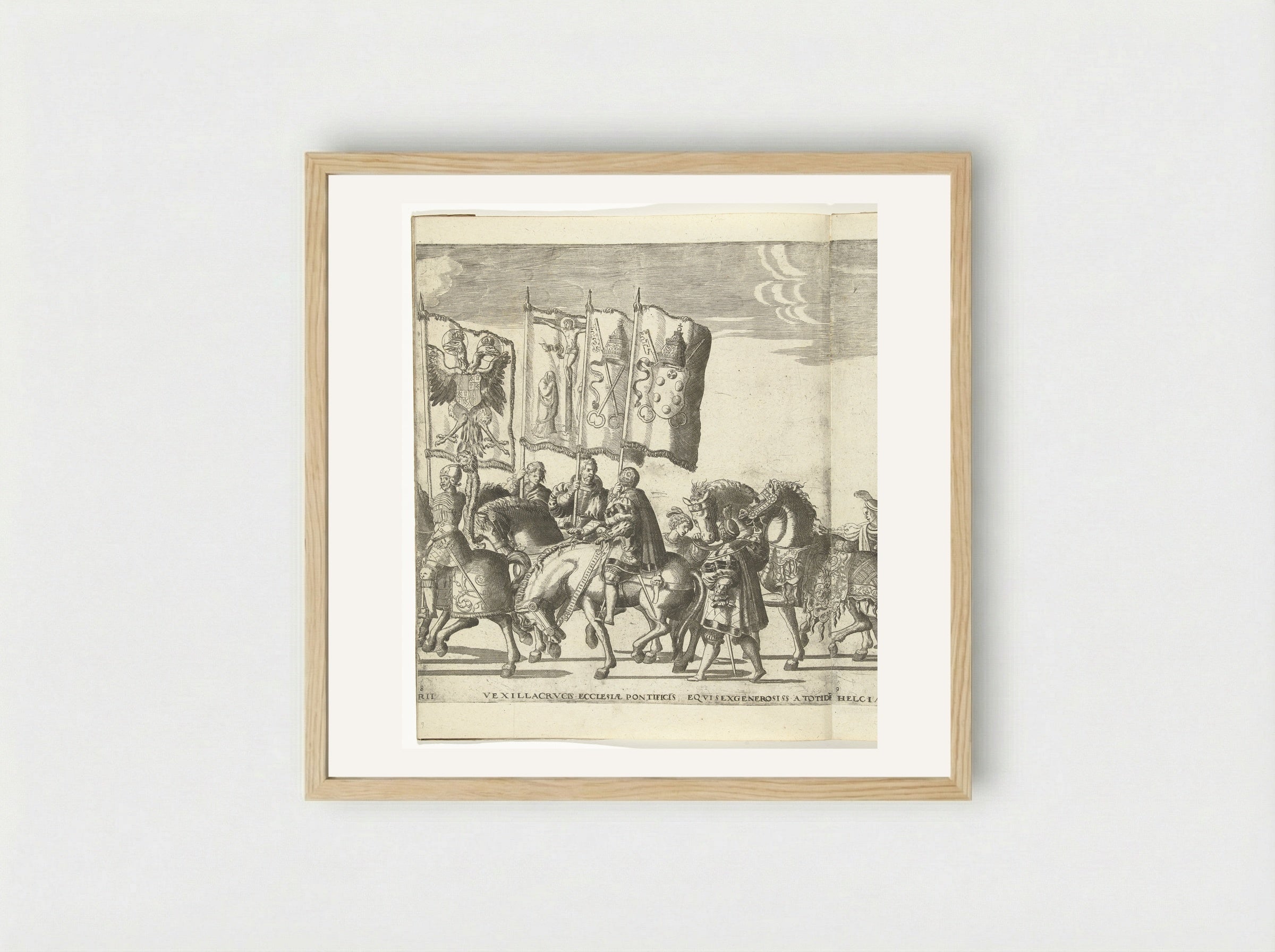 Vaandeldragers met wapens van Habsburg en de paus van Rome, plaat 8 - Nicolaas Hogenberg - Framed Print Wood
