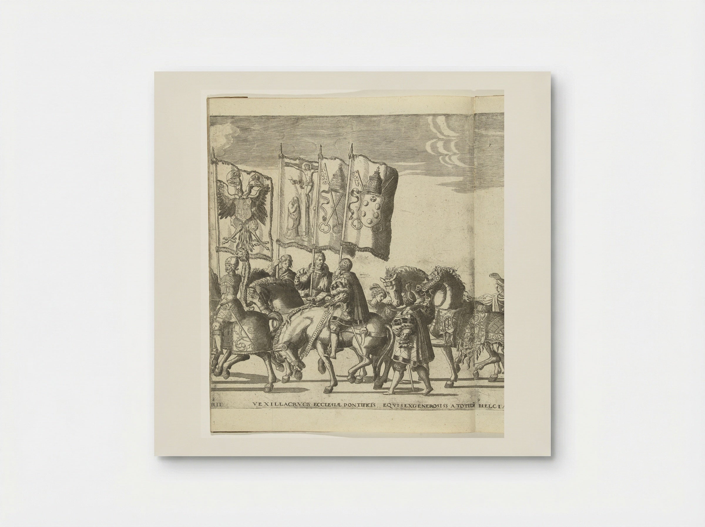 Vaandeldragers met wapens van Habsburg en de paus van Rome, plaat 8 - Nicolaas Hogenberg - Poster
