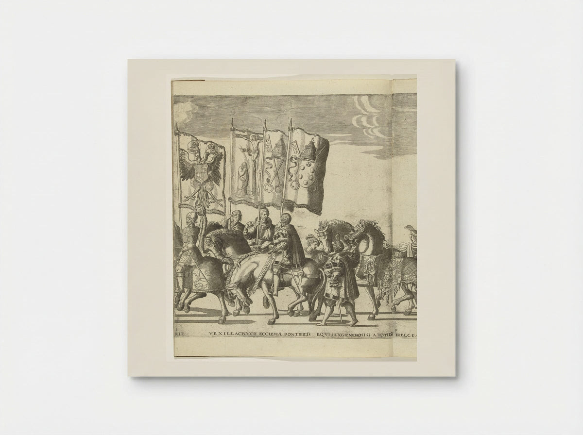 Vaandeldragers met wapens van Habsburg en de paus van Rome, plaat 8 - Nicolaas Hogenberg - Poster
