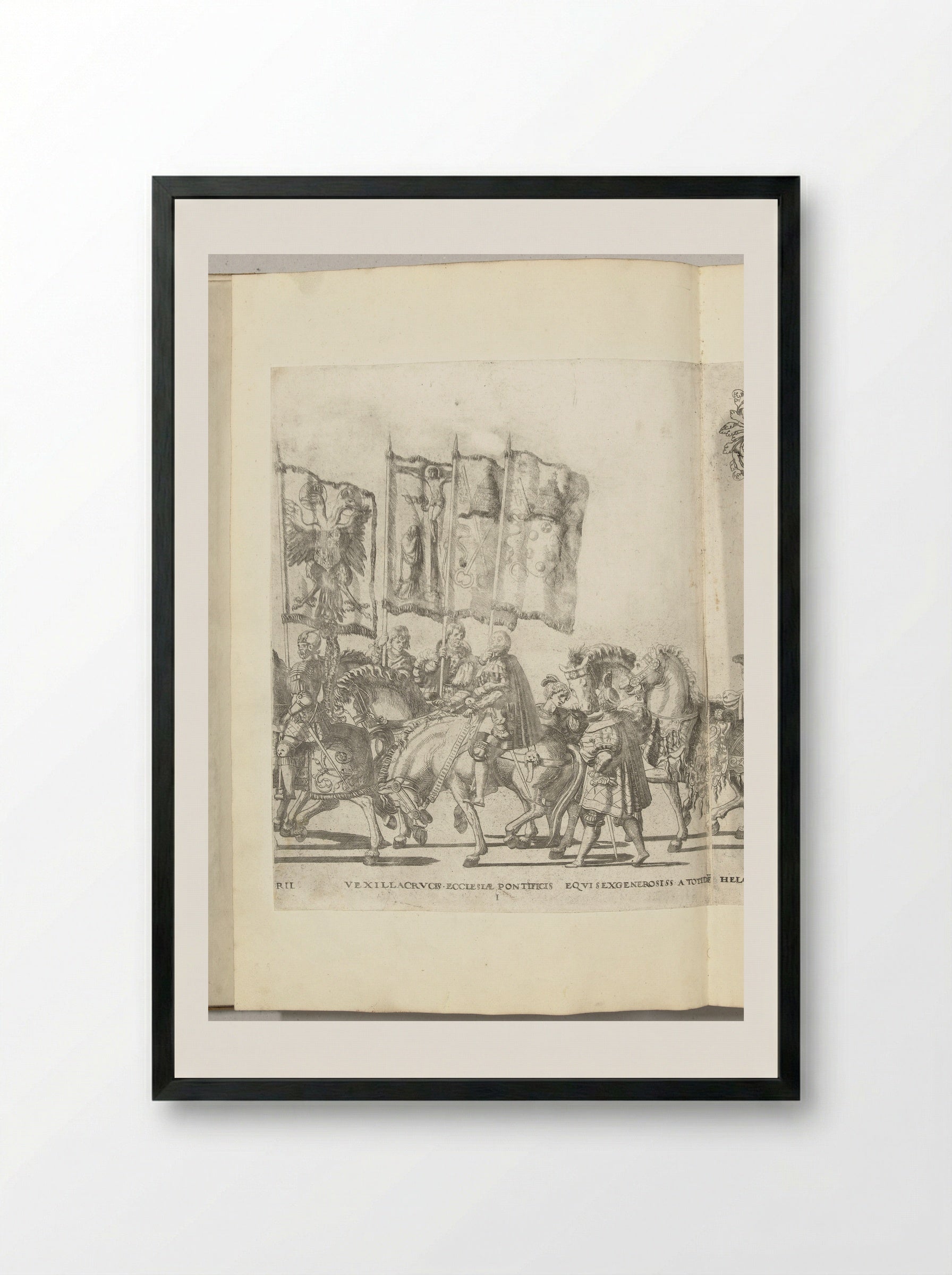 Vaandeldragers met wapens van Habsburg en de paus van Rome, plaat I - Nicolaas Hogenberg - Framed Print Black