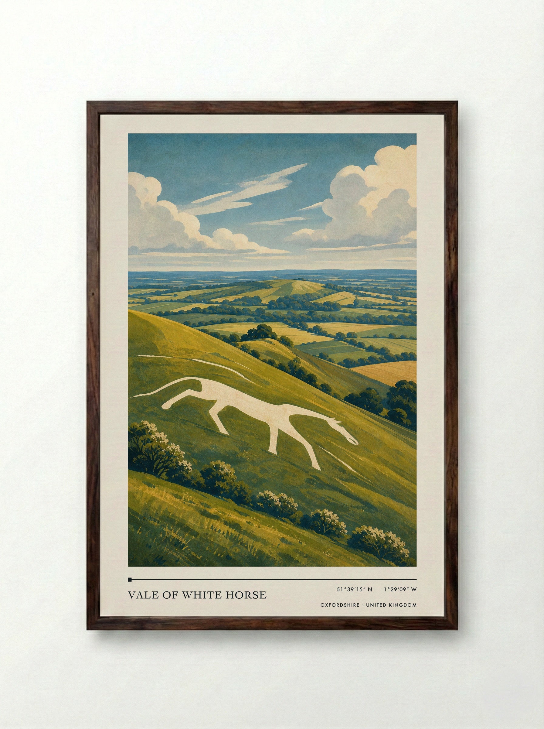 Vale of White Horse Oxfordshire United Kingdom Travel Poster - Framed Print Dark Wood