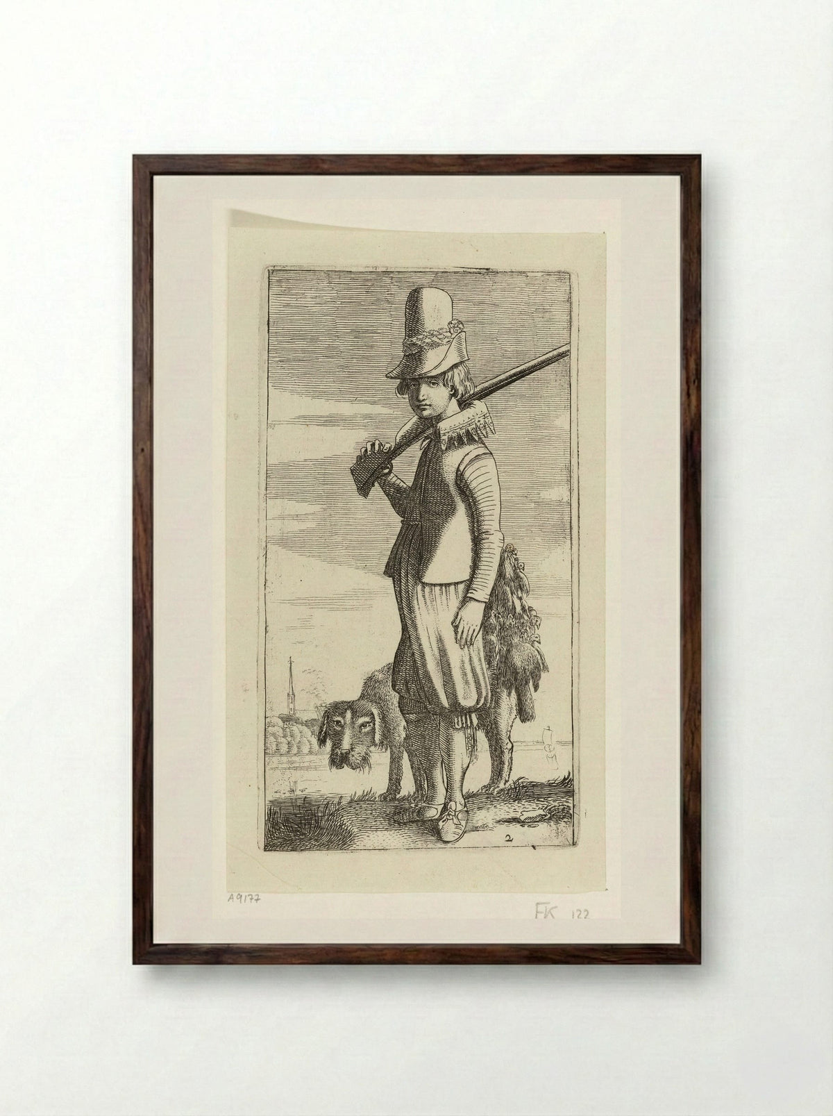 Valkeniersbediende en jachthond - Jan van de Velde II - Framed Print Dark Wood