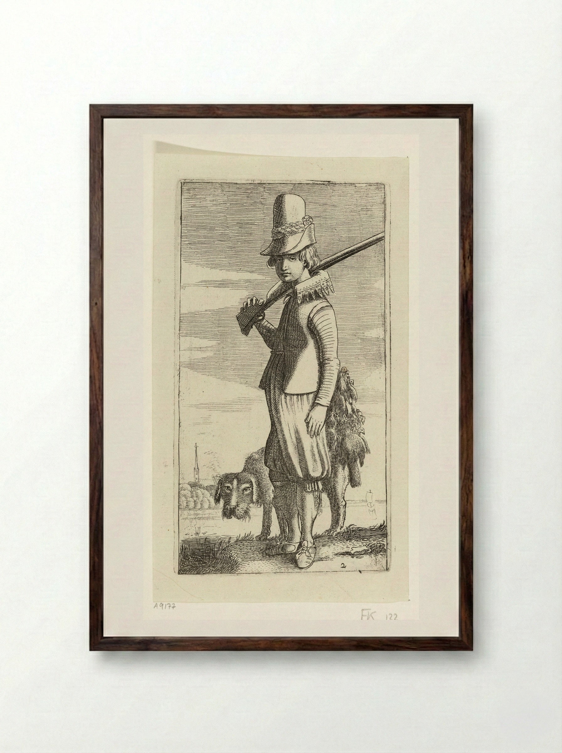Valkeniersbediende en jachthond - Jan van de Velde II - Framed Print Dark Wood