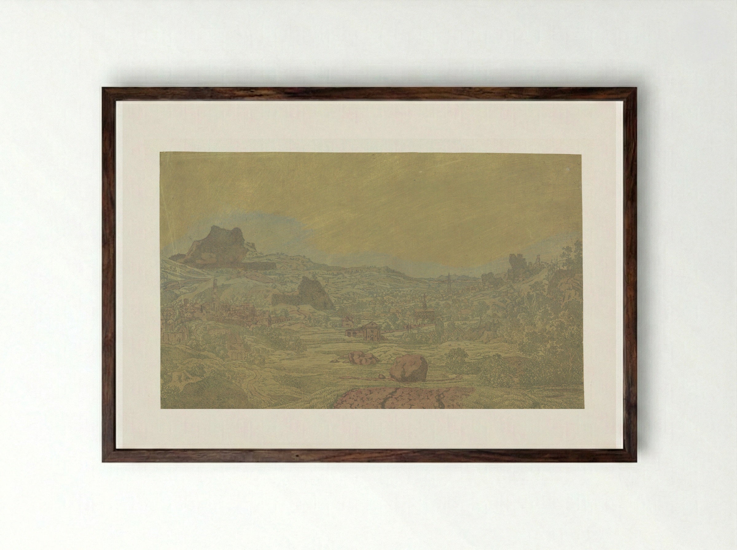 Valley with a River and a Town with Four Towers - Hercules Segers - Framed Print Dark Wood