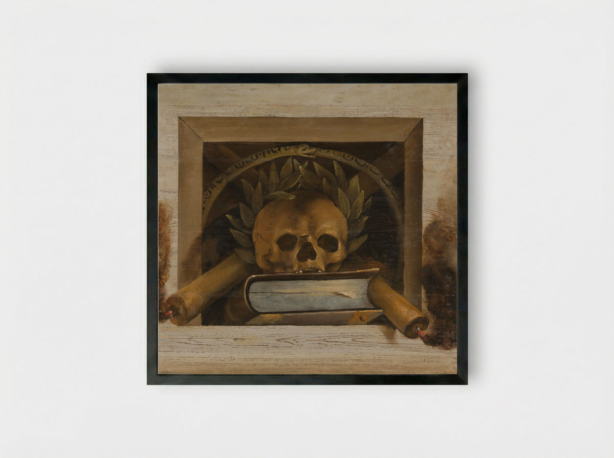 Vanitas Still Life with Skull, Laurel Wreath, Book, and Candles - Jacob van Campen - Framed Print Black