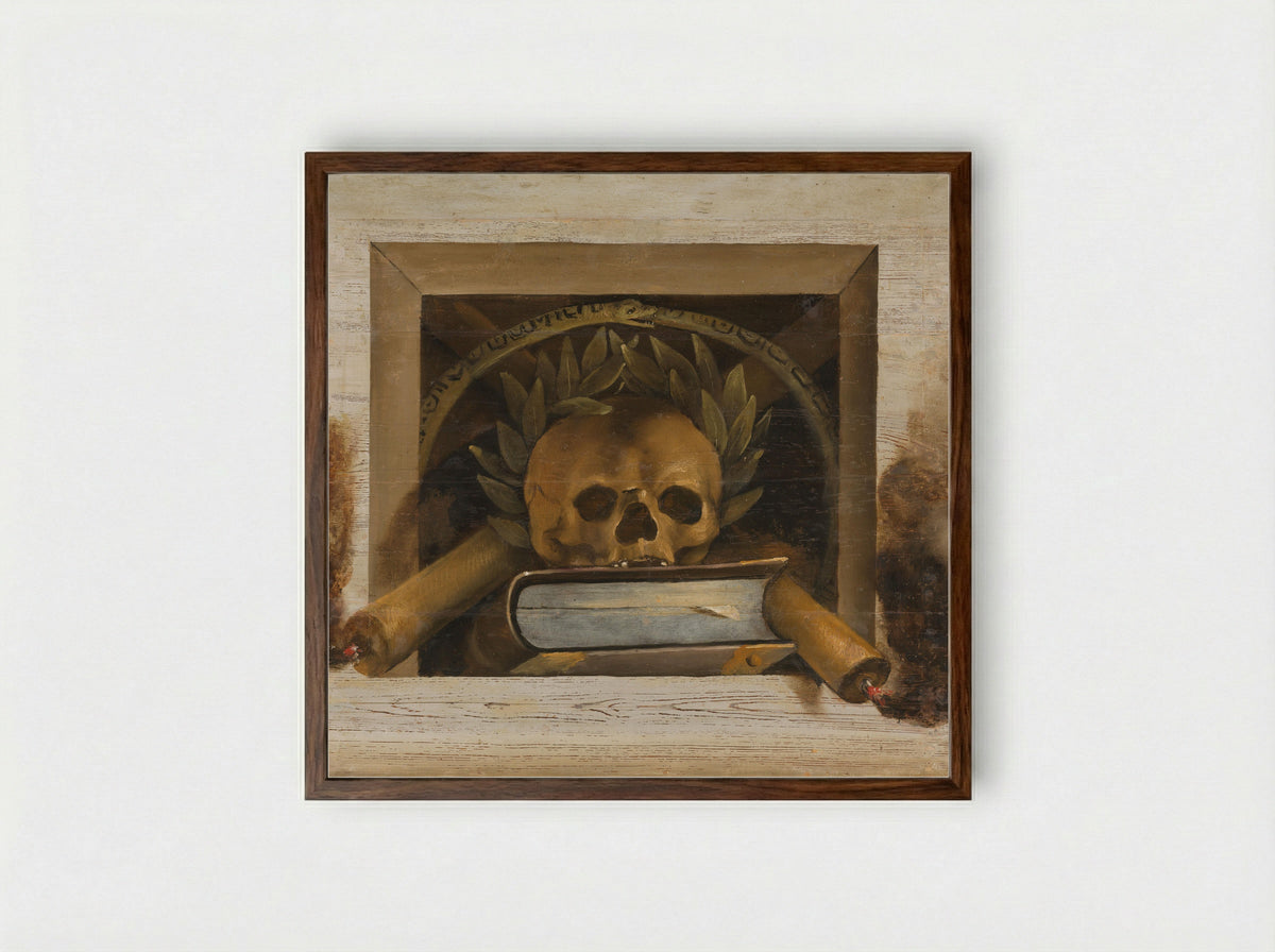 Vanitas Still Life with Skull, Laurel Wreath, Book, and Candles - Jacob van Campen - Framed Print Dark Wood