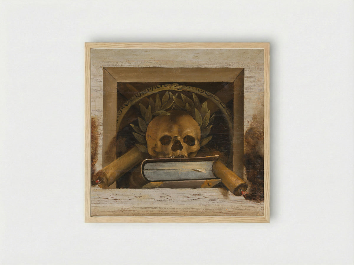 Vanitas Still Life with Skull, Laurel Wreath, Book, and Candles - Jacob van Campen - Framed Print Wood