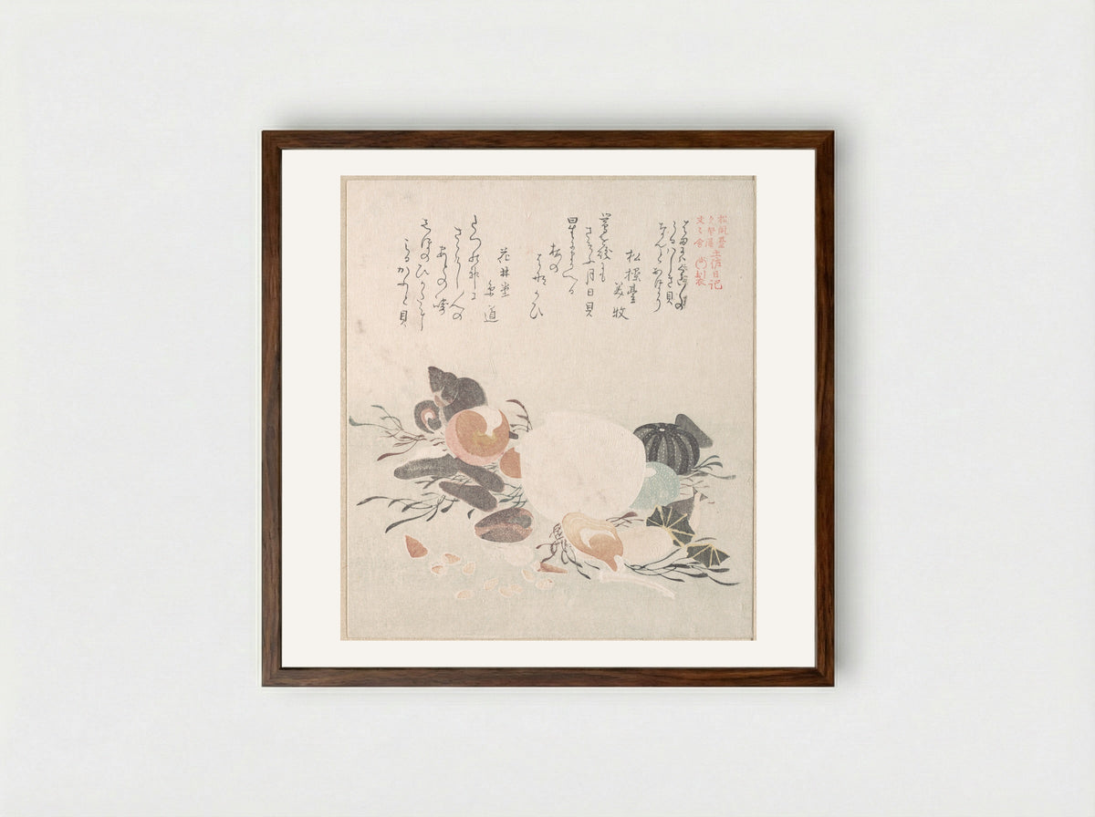 Various Shells with Sea Weeds - Kubo Shunman - Framed Print Dark Wood