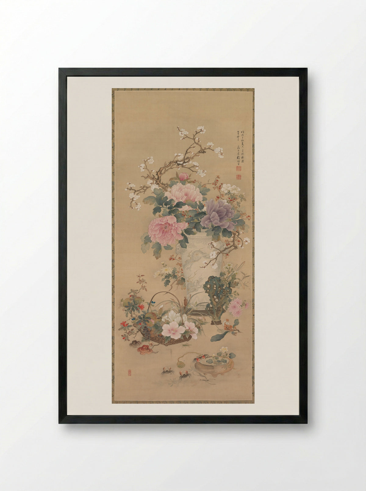 Vase of Flowers with Grasshopper, Marine Life, and Garden Rock - Okabe Ko - Framed Print Black
