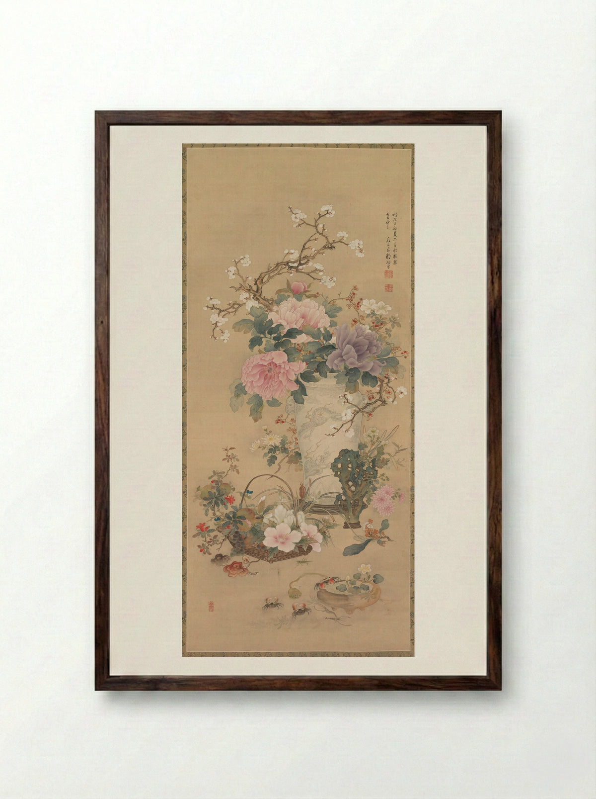 Vase of Flowers with Grasshopper, Marine Life, and Garden Rock - Okabe Ko - Framed Print Dark Wood