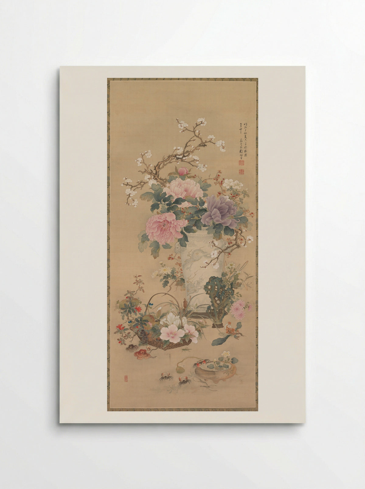 Vase of Flowers with Grasshopper, Marine Life, and Garden Rock - Okabe Ko - Poster