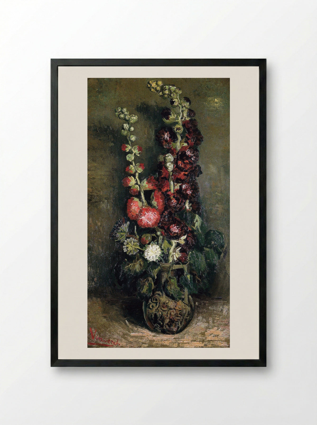 Vase of Hollyhocks - Vincent van Gogh - Framed Print Black