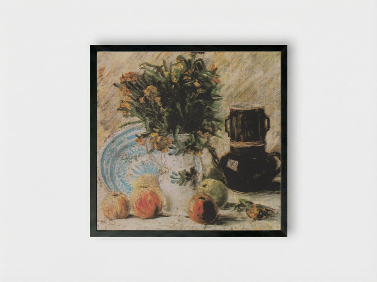 Vase with Flowers, Coffeepot and Fruit - Vincent van Gogh - Framed Print Black