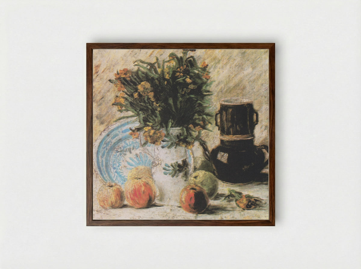 Vase with Flowers, Coffeepot and Fruit - Vincent van Gogh - Framed Print Dark Wood