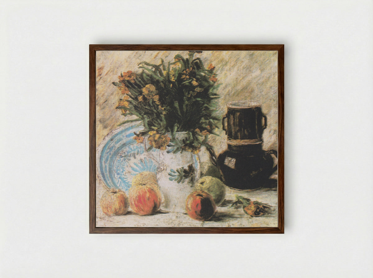 Vase with Flowers, Coffeepot and Fruit - Vincent van Gogh - Framed Print Dark Wood