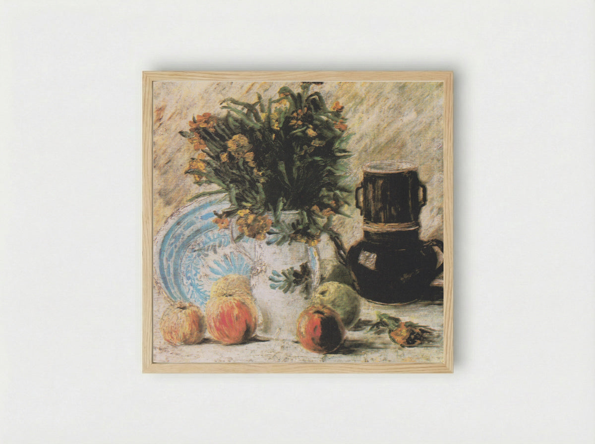 Vase with Flowers, Coffeepot and Fruit - Vincent van Gogh - Framed Print Wood