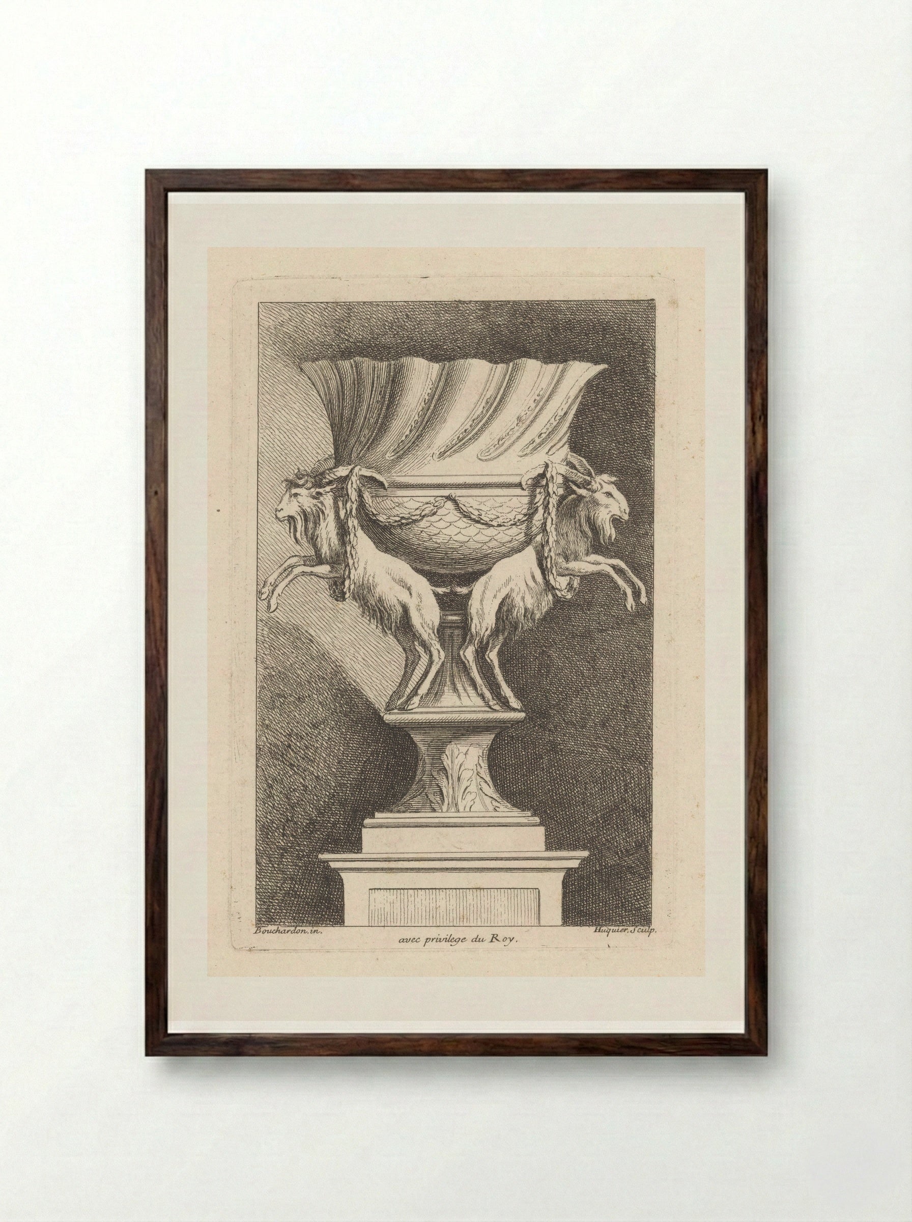 Vase with Goats - Gabriel Huquier - Framed Print Dark Wood
