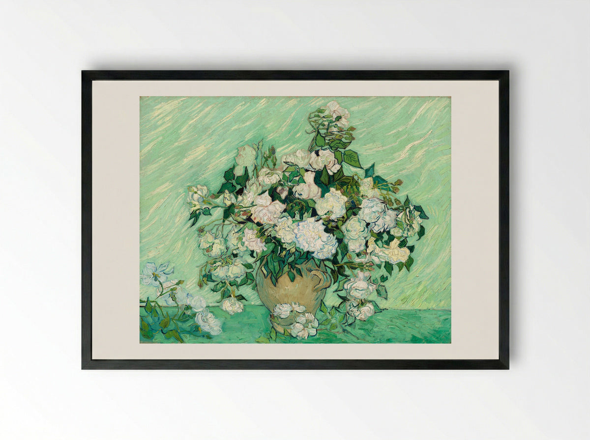Vase with Pink Roses - Vincent van Gogh - Framed Print Black