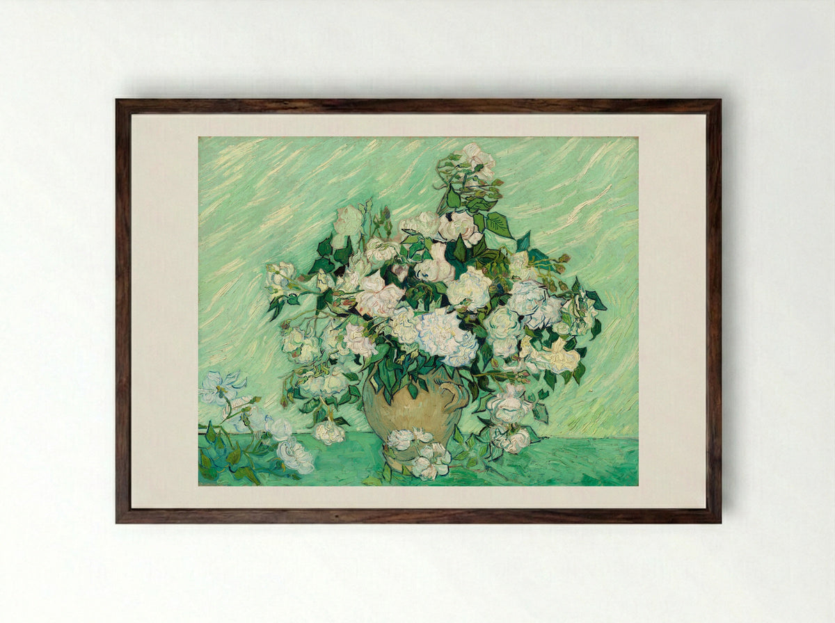 Vase with Pink Roses - Vincent van Gogh - Framed Print Dark Wood