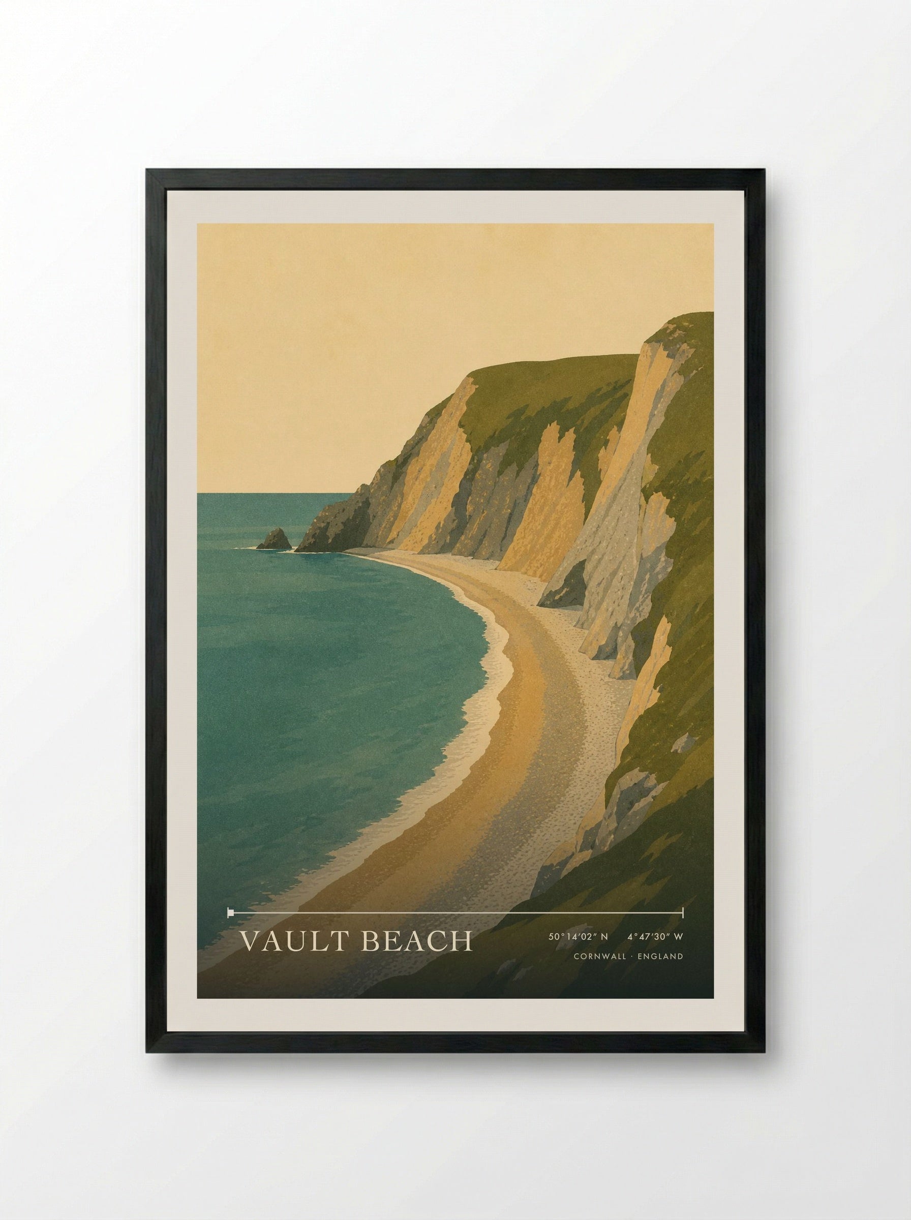 Vault Beach Cornwall England Travel Poster - Framed Print Black