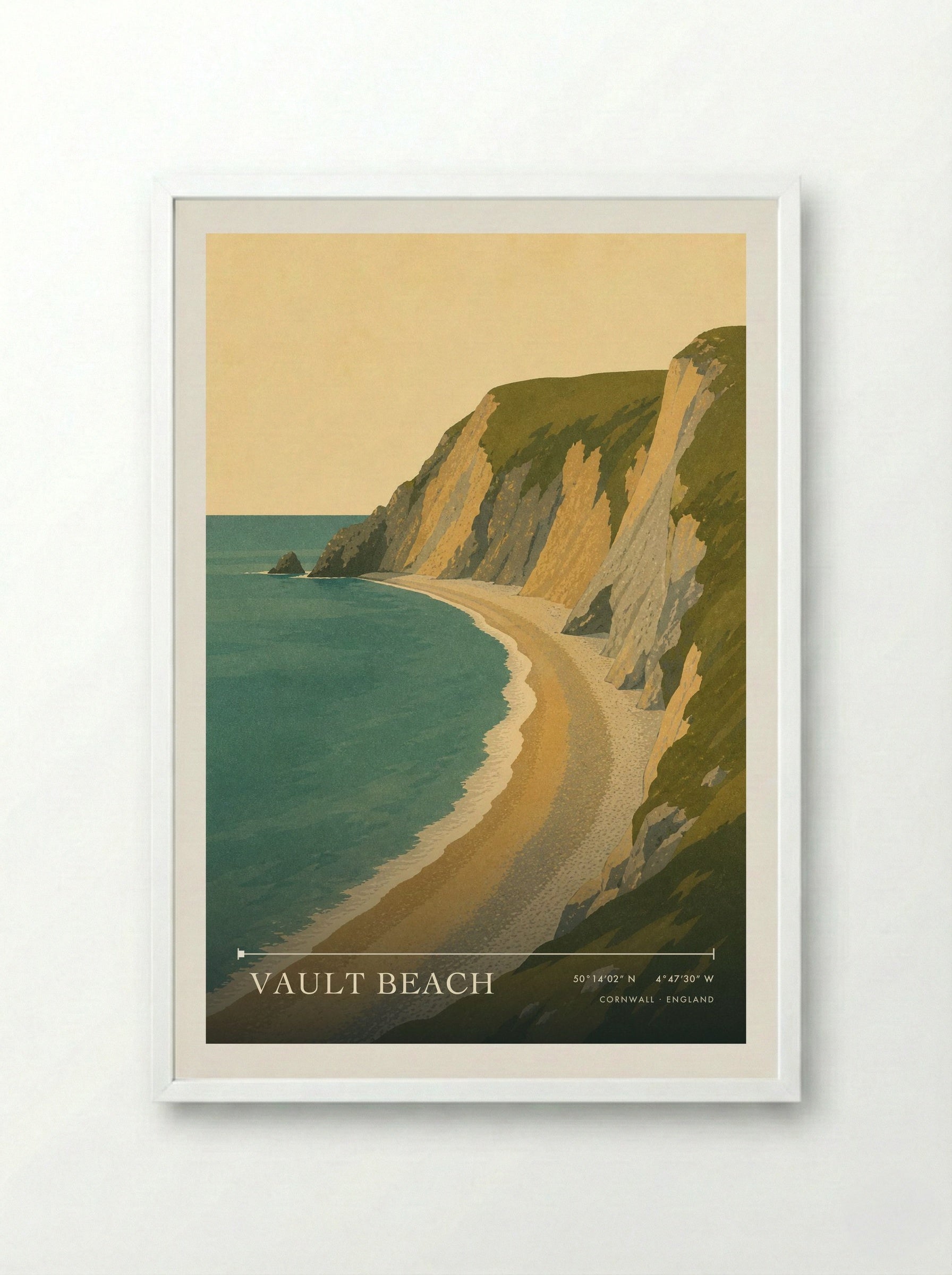 Vault Beach Cornwall England Travel Poster - Framed Print White