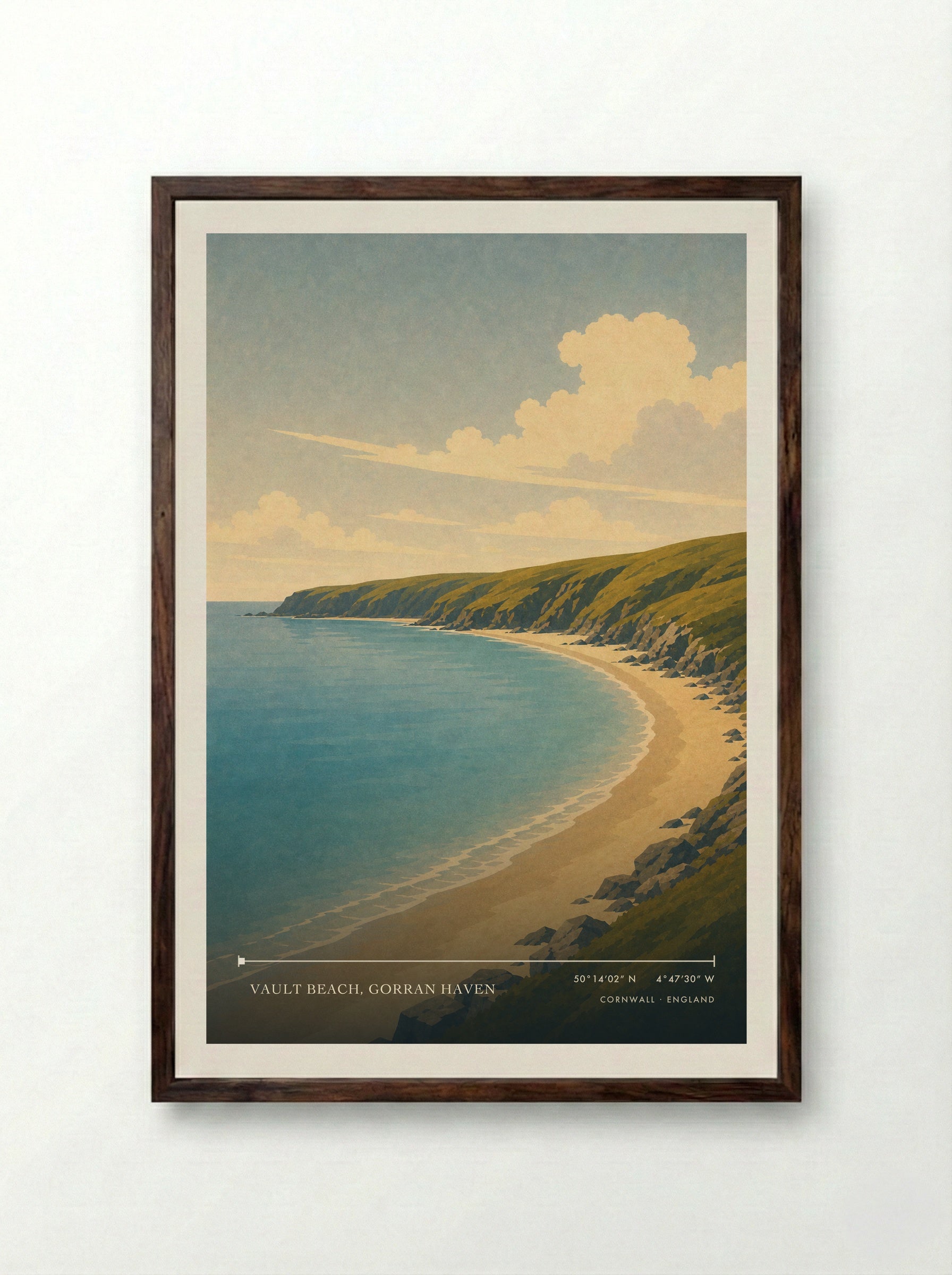 Vault Beach, Gorran Haven Cornwall England Travel Poster - Framed Print Dark Wood